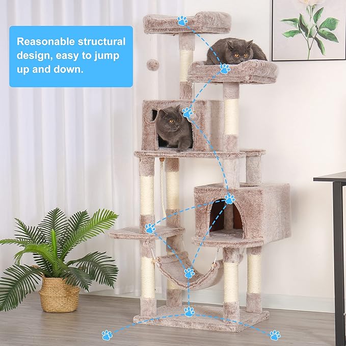 Hey-brother Large Multi-Level Cat Tree Condo Furniture with Sisal-Covered Scratching Posts, 2 Bigger Plush Condos, Perch Hammock for Kittens, Cats and Pets, Muchroom MPJ020MU