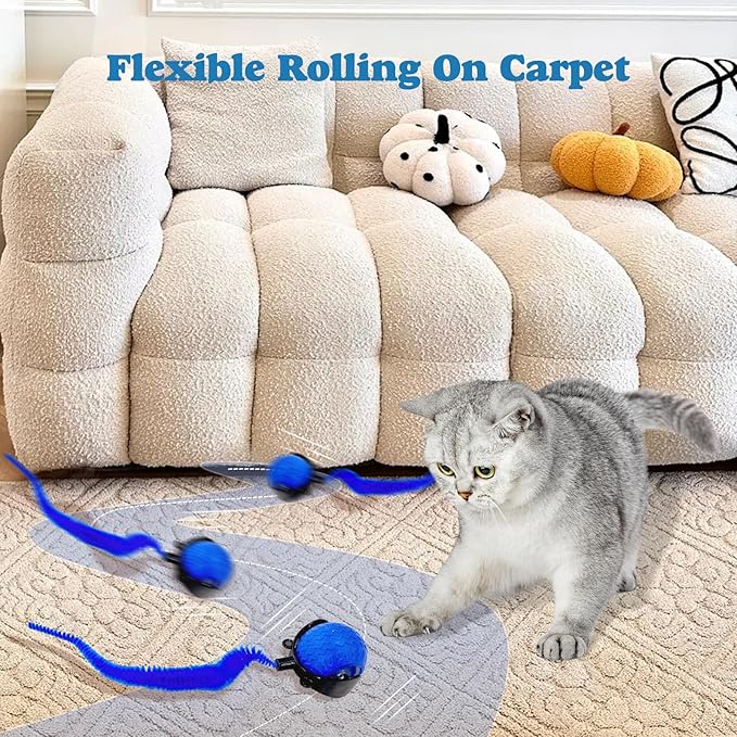 Interactive Cat Ball Toy, Upgraded Automatic Rolling Cat Ball with Tail 2.0 and Type C Cord, Touch Activated Moving Toy for Cats and Dogs (Blue)