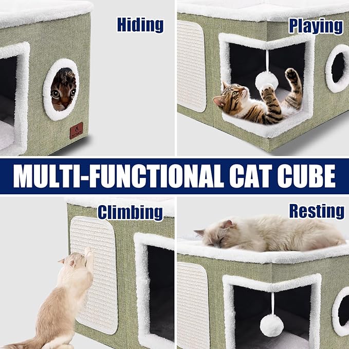 Cat Beds for Indoor Cats, Large Cat Cave Bed with Scratch Pad and Fluffy Ball, Foldable Cat Hideaway, Cat House with Reversible Cushion for Multi Small Pet Up to 30LBS, Green