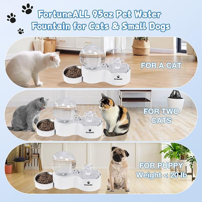 95oz/2.8L Pet Fountain 2 in 1 Set, Automatic Cat Water Fountain with Stainless Steel Feeding Tray, Cat Water Dispenser for Cats, Dogs, Quiet Anti-Dry Boil Water Pump, 3 Drinking Modes (White, WF180)