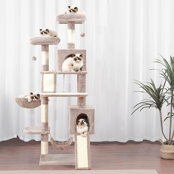 Cat Tree for Indoor Cats, 71'' (180cm) Multi-Level Cat Tower for Large Adult, Sturdy Cat Tree House with 2 Scratching Boards 7 Posts, 2 Plush Perches/Condos, Hammock, Muchroom GCT032MU