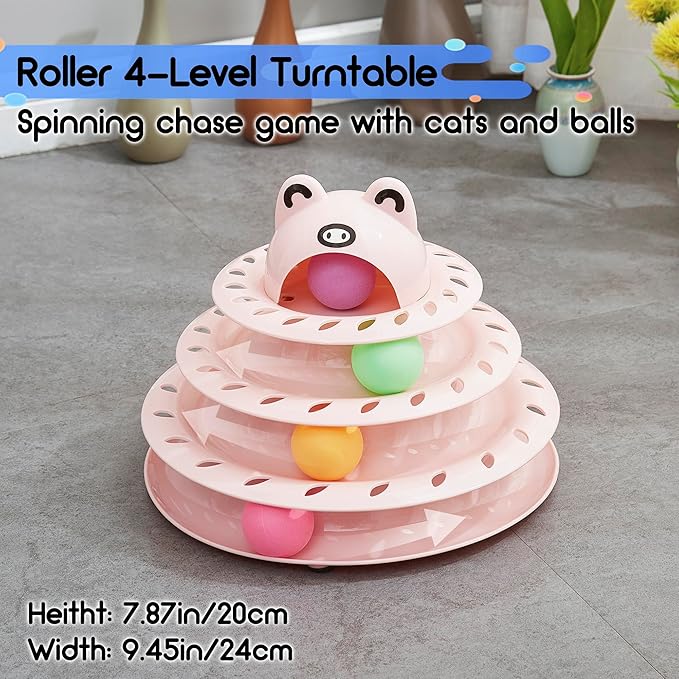 Gefryco 26PCS Cat Toys Roller 4-Level Turntable for Indoor Cats, Self Play Cat Toy Track with Colorful Balls Interactive Kitten Puzzle Toys, Fun Kitty Exercise Toys Set(Pink)