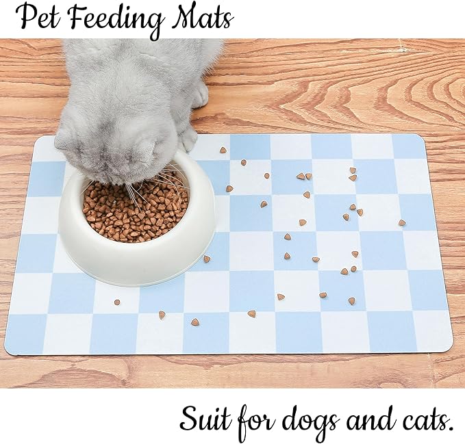 Ralxion Checkered Dog Feeding Mat, Absorbent Mats for Dog Food and Water Bowl, Dispenser, Retro Aesthetic Light Blue Checkerboard Pet Placemat for Dogs, Cats, Puppy Accessories, 16" X 24”
