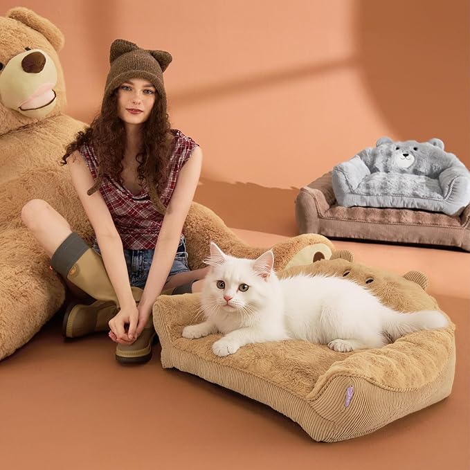 LE SURE Cute Cat Couch for Pets - Fluffy Original Bear Design for Small Dog Bed, Supportive Dog Couch with Removable Washable Cover, Puppy Bed for Small and Medium Dogs, 28inch, Almond