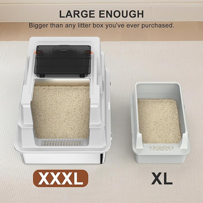 Extra Large Enclosed Stainless Steel Cat Litter Box with Lid - XXXL Giant Metal Enclosed High Sides Litter Boxs for Multi-Cat Households and Overweight Cats - Black