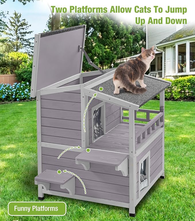 GUTINNEEN Outdoor Cat House Weatherproof, Feral Kitty House Cats Enclosure with Balcony, Wooden Kitty Shelter Waterproof