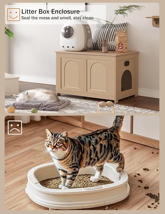 DINZI LVJ Cat Litter Box Enclosure, Flip Top Litter Box Furniture, Farmhouse Hidden Cat Washroom, Wooden Pet House, End Side Table, 31.5" L x 19.7" W x 19.7" H, Sturdy and Easy to Assemble, Natural