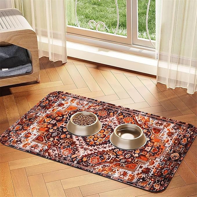 Boho Craft Design Dog Food Mat Absorbent Bowl Mats No Stains Quick Dry Waterproof Pet Cat Placemats for Food and Water, 30x45cm
