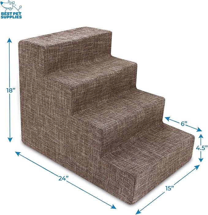 Best Pet Supplies Dog Stairs & Steps - CertiPur-US Made in USA Foam Steps for Small Dogs & Cats, Non-Slip Indoor Balanced Pet Step Support, Dog Ramp, No Assembly, Brown Linen, 4-Step (18-inch Height)