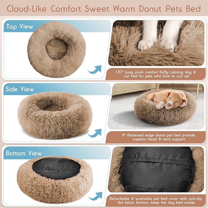 Calming Donut Dog Bed Medium Size Removable Cover + 2 PCS Cooling Rattan Pet Mat, Fluffy Comfort Anti-Anxiety Washable Round Pets Bed with Double-Sided Cool Pad for Medium Dogs/Cat, 31" Khaki