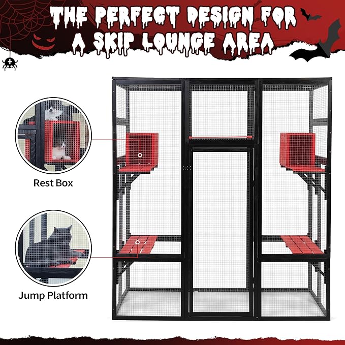 COZIWOW 70Inches Large Spacious Wooden Catio Outdoor Cat Enclosure with Perches and Condos, Cat Cage Indoor with Waterproof Roof, 7 Platforms & 2 Resting Box, UV Resistant (Gothic)