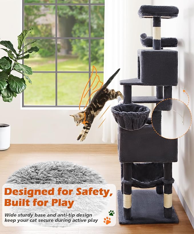AMHANCIBLE Cat Tree, 70 Inch Tall for Indoor Adult Cats, Large Multi-Level Tower with Scratching Post, Hammock, Condos, Hanging Basket, Activity Center to Play and Sleep, Dark Grey, PT18DG