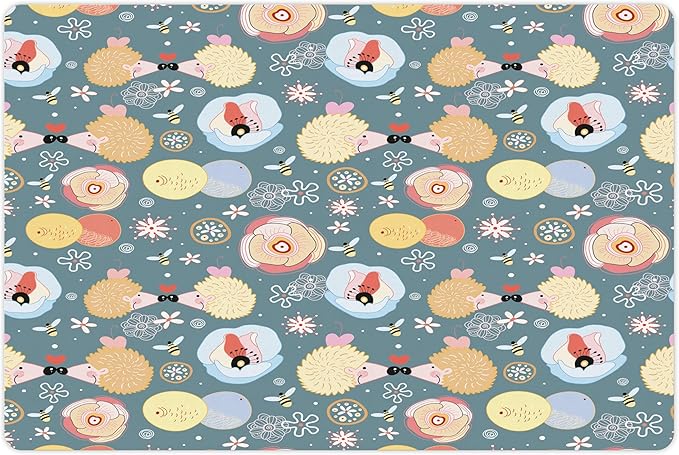 Lunarable Animal Pet Mat for Food and Water, Hedgehogs Kissing Hearts Love Bees Flowers Cheerful Happy Art Image, Non-Slip Rubber Mat for Dogs and Cats, 18" X 12", Multicolor