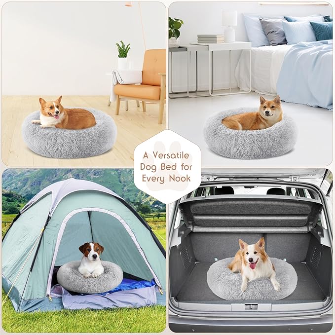 Calming Donut Dog Bed Medium Size Removable Cover + 2 PCS Cooling Rattan Pet Mat, Fluffy Comfort Anti-Anxiety Washable Round Pets Bed with Double-Sided Cool Pad for Medium Dogs/Cat, 31" Gray