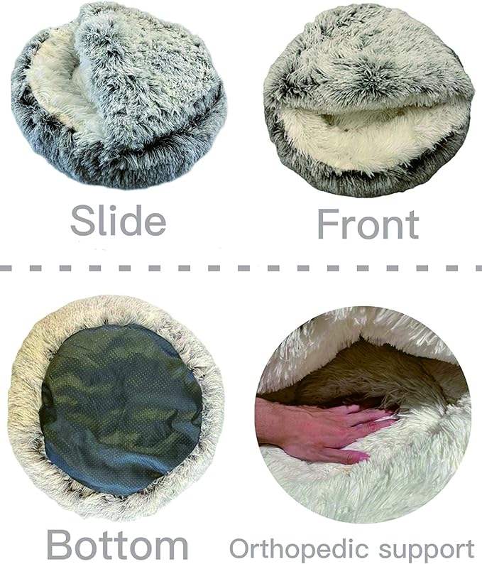 ShinHye Cat Bed Round Plush Fluffy Hooded Cat Bed Cave, Cozy for Indoor Cats or Small Dog beds, Soothing Pet Beds Doughnut Calm Anti-nxiety Dog Bed - Waterproof Bottom Washable (20×20inch, Grey)