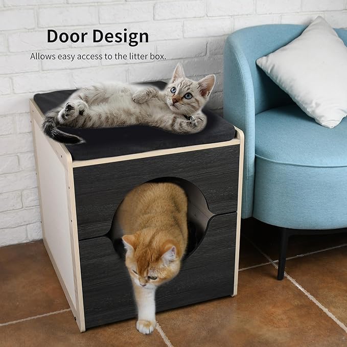 Modern Cat Bed Furniture with Scratching Post - Pull-Out Enclosure & Soft Cushion, Space-Saving Side Table for Indoor Cats, Black/Natural Wood (23.5" x 19.7" x 21.7")