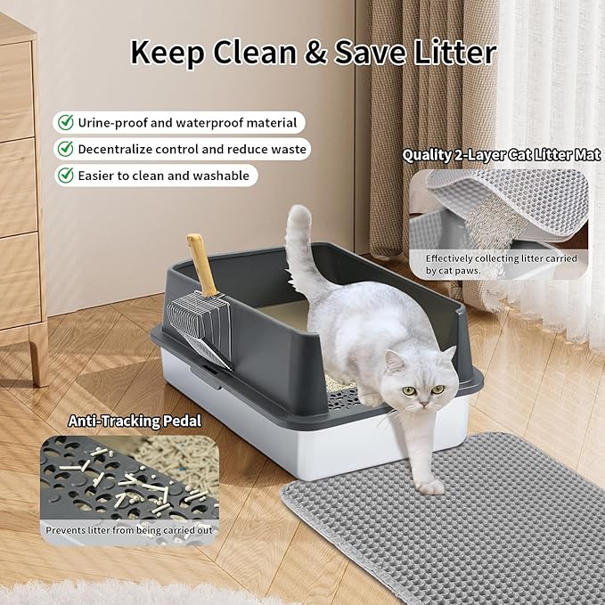 Stainless Steel Litter Box X-Large Enclosed Metal Cat Litter Box for Big Cats with Lid Litter Mat Metal Scoop Long Lasting Odor Free Easy Clean Non-Sticky High Sided Anti-Leakage Grey XL