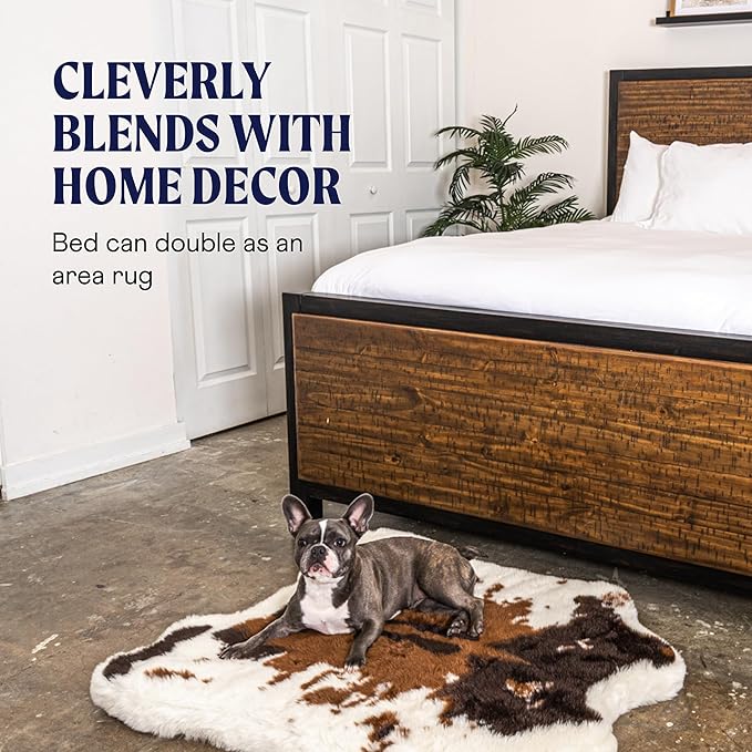 PupRug Orthopedic Dog Bed for Large Dogs with Fluffy Soft Faux Fur and Memory Foam for Joint Pain Relief, Machine Washable and Waterproof Couch Bed, Brown Cowhide, Medium