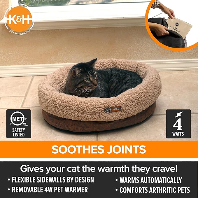 K&H Pet Products Heated Cat Bed Indoor, Thermo-Snuggle Cup Bomber Soft Heated Pet Bed for Large Indoor Cats and Small Dogs, Machine Washable, Waterproof Heated Pad, Safety Listed - 14x18in Chocolate