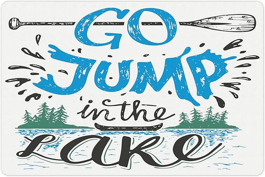 Lunarable Cabin Pet Mat for Food and Water, Vintage Typography Inspirational Words Lake Sign Canoe Fishing Sports Theme, Non-Slip Rubber Mat for Dogs and Cats, 18" X 12", Black Green