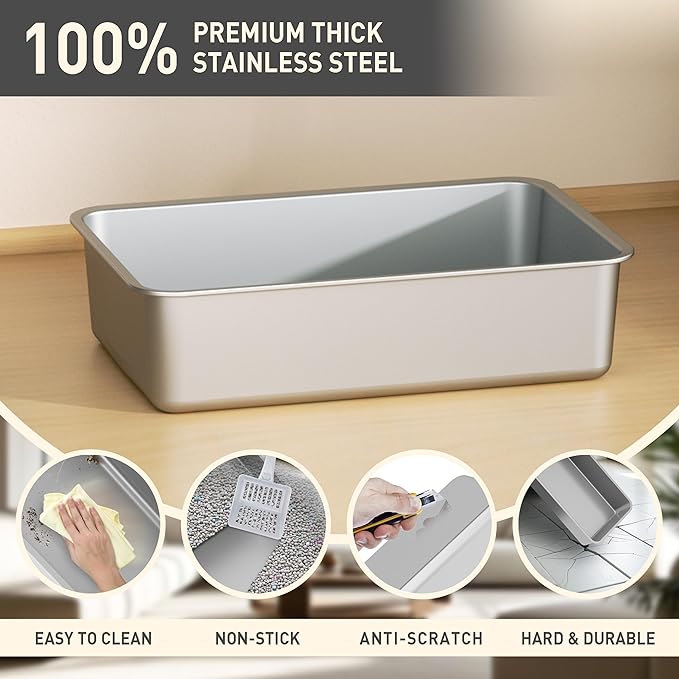 ITYLIFE CITYLIFE Stainless Steel Litter Box with Lid XL Large Enclosed Metal Box Anti-Leakagecat Litter Container Stainless Steel Includes Scoop, Odor Control Easy Cleaning, Light Grey