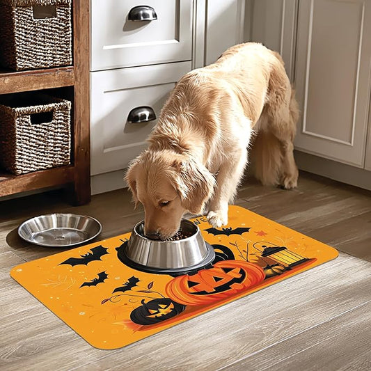 Happy Halloween Cat Pet Feeding Mat for Floors-Absorbent Dog Bowl Mat for Food and Water, Quick Dry Pet Cat Feeding Mats with Non Slip Bottom, Mess-Free Dog Accessories 16"x24"