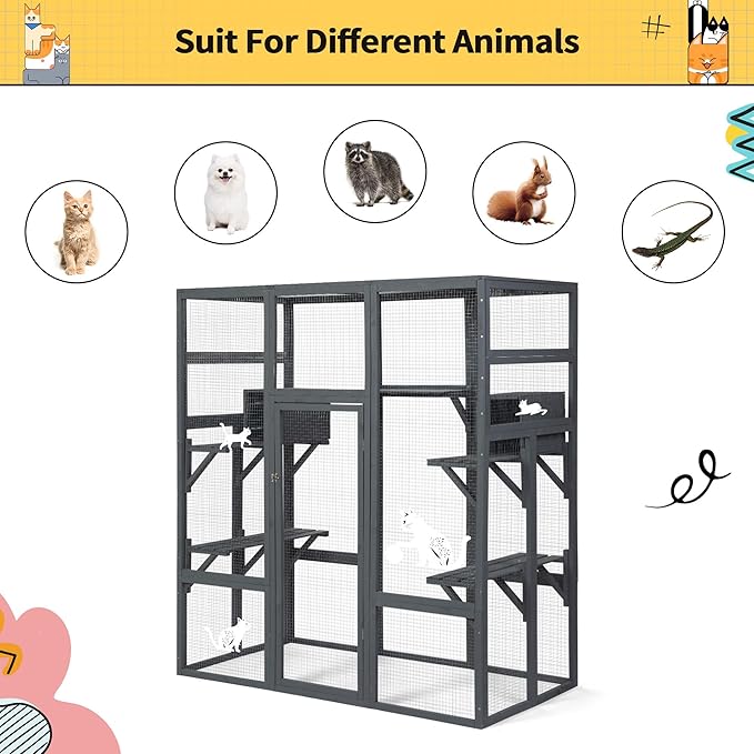 COZIWOW 70Inches Large Stable Spacious Wooden Catio Outdoor Cat Enclosure with Perches and Condos, Cat Cage Indoor with Waterproof Roof, 7 Platforms & 2 Resting Box, UV Resistant (Grey)