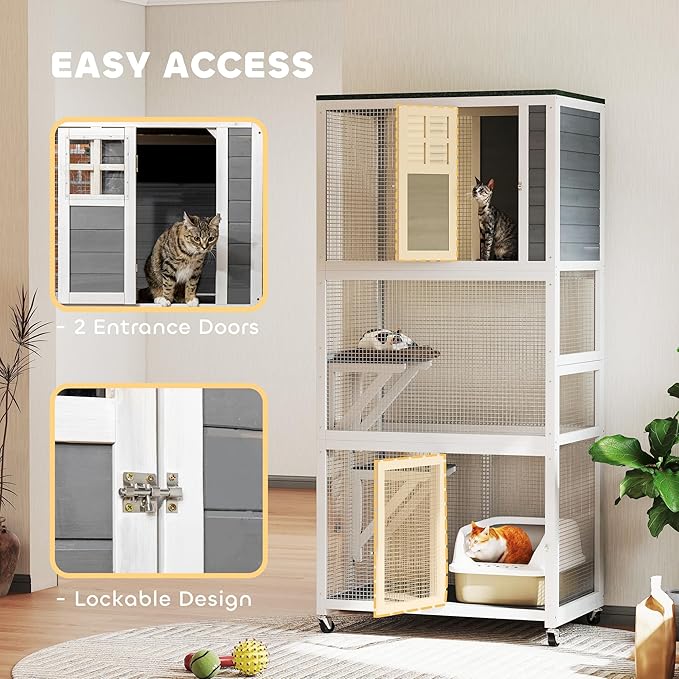 PawHut 74" Wooden Catio Outdoor Cat Enclosure Weatherproof & Wheeled, Outside Cat House with High Weight Capacity, Kitten Cage Condo, White