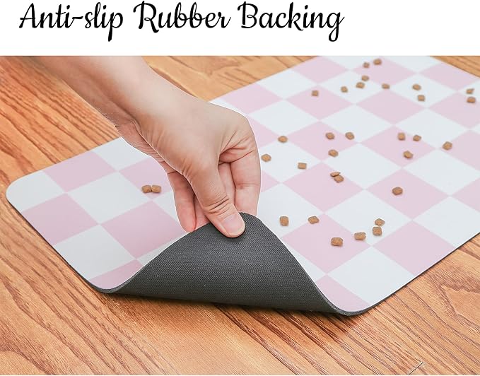 Ralxion Checkered Dog Feeding Mat, Absorbent Mats for Dog Food and Water Bowl, Dispenser, Feeder, Retro Aesthetic Pastel Pink Checkerboard Pet Placemat for Dogs, Cats, Puppy Accessories, 16" X 24”