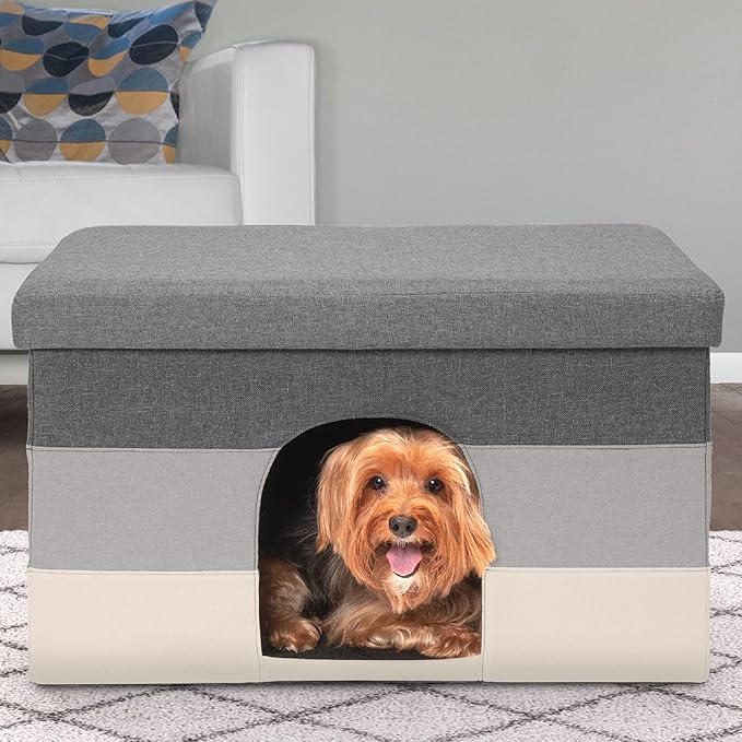 Furhaven Pet House for Indoor Cats & Medium/Small Dogs, Collapsible & Foldable w/ Plush Ball Toy - Living Room Ottoman Cat Condo - Hygge Stripe (Gray/Cream), Large