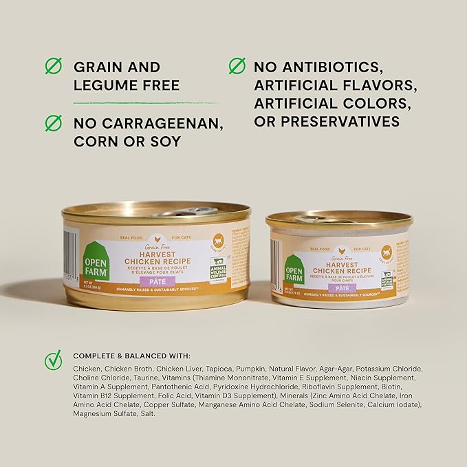 Open Farm Canned Cat Food, Paté for Complete & Balanced Nutrition, Grain-Free and Legume-Free Wet Cat Food, Harvest Chicken Recipe, 5.3oz Cans (Case of 12)