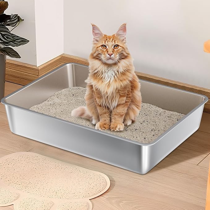 Stainless Steel Litter Box, 28" X 20" X 6" Steel Litter Box XXL No Smell, Extra Large Metal Litterbox for Big Cat, Multiple Cats, Non Stick, Easy Cleaning