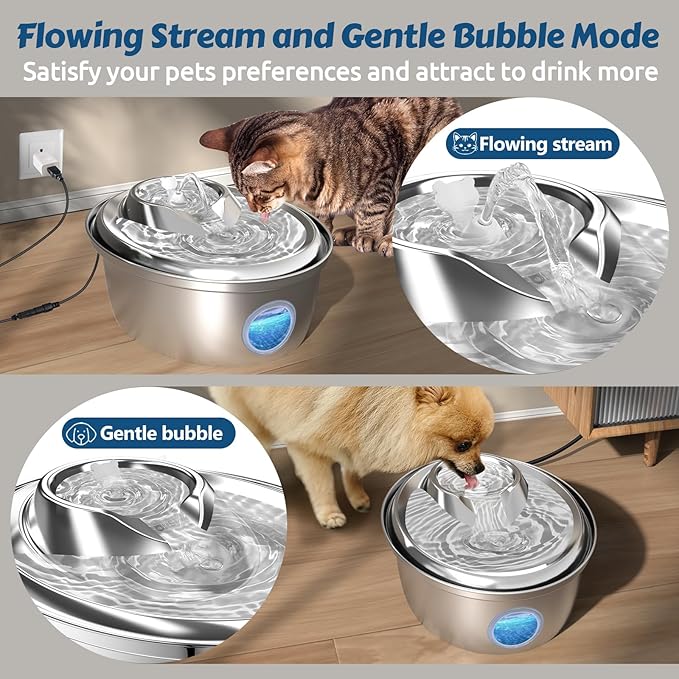ORSDA Stainless Steel Cat Water Fountain, 100oz/3L Automatic Pet Drinking Fountain, Dog Water Dispenser Bowl with LED Window for Cats and Small & Medium Dogs- 12Pcs Filters( D66