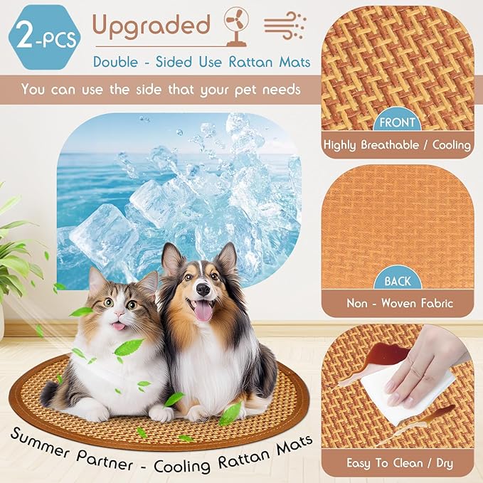 Calming Donut Dog Bed Medium Size Removable Cover + 2 PCS Cooling Rattan Pet Mat, Fluffy Comfort Anti-Anxiety Washable Round Pets Bed with Double-Sided Cool Pad for Medium Dogs/Cat, 31" Khaki