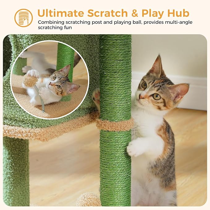 PAWZ Road Cat Tree for Indoor Cats, 26 Inches Cactus Cat Tower with Large Perch, Private Condo, Small Cat Condo with Spring Ball & 2 Scratching Posts for Cats