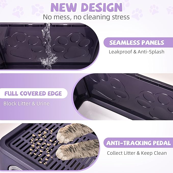 Cat Litter Box with Litter Mat, Foldable Extra Large Free in and Out/One-Way with Lid, Drawer Type Enclosed Kitty Litter Box,Odor Control Anti-Splashing Easy Cleaning (Purple)
