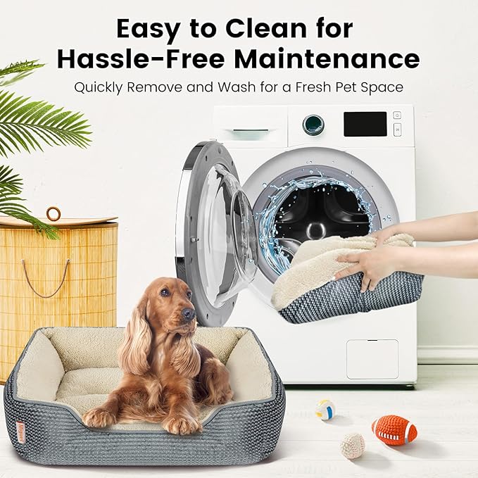 Miguel Dog Bed with Removable Cushion/Pillow for Medium Small Dogs, Washable Pet Bed with Side Easy to Wash Puppy Bed, Large Rectangle Cat Bed for Indoor Cat with Anti-Slip Bottom, Gray 30 Inch