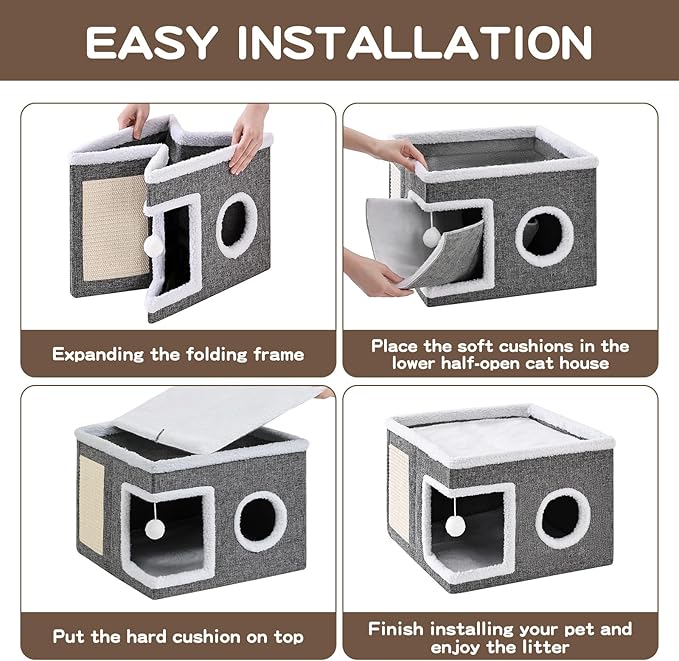 Cat Beds for Indoor Cats, Large Cat Cave with Fluffy Ball and Scratch Pad, Foldable Cat Scratch House with Hideaway Condo for Kitten,16x16x13inch,Grey