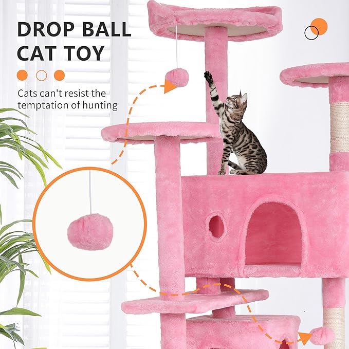 BestPet 70in Cat Tree Tower for Indoor Cats,Multi-Level Cat Furniture Activity Center with Cat Scratching Posts Stand House Cat Condo with Funny Toys for Kittens Pet Play House,Pink