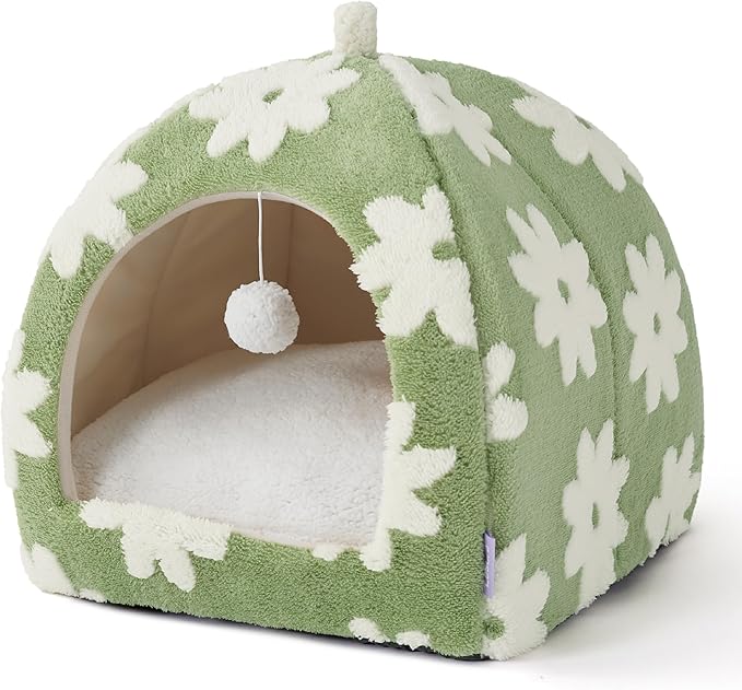 Lesure Cute Cat Beds for Indoor Cats - 2 in 1 Large Cat Cave Bed with Removable Washable Cushioned Pillow, Cozy Kitten Tent with Non-Slip Bottom, Green, 17.3 inches