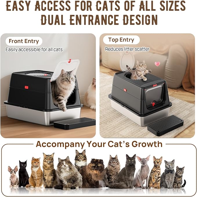 Stainless Steel Litter Box: Enclosed Cat Litter Box with Flip Lid Self Cleaning and High Sided Top Entry Design, XL Extra Large Metal Kitty Litter Pan Tray for Big Cats, Built-in Carbon Filter Pouch