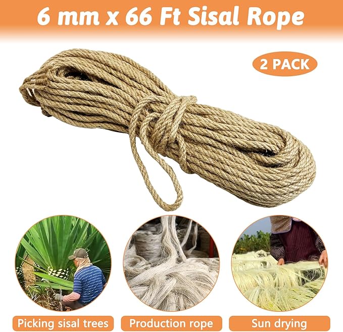 2 Pack Cat Natural Sisal Rope for Scratching Post Tree Replacement, Hemp Rope for Repairing, Replacement Cat Tree and Tower DIY Scratcher (6 mm 66 Ft)