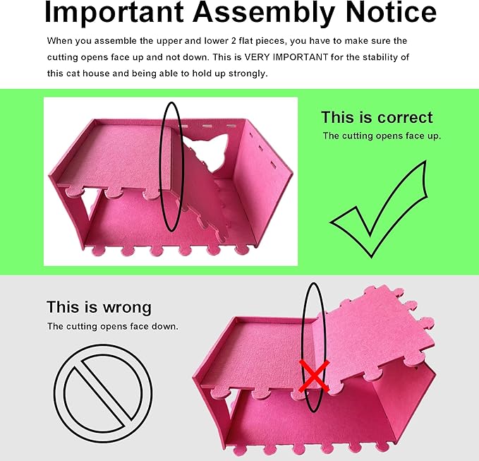 Cat House Cat Ear Design, Large Spacious Cozy Indoor Cat Bed Cave, Scratch Resistant Strong Thick Premium Felt Condo, Fun Hideaway for Multiple Cats, 21.5x13x11.6 inches (Pink)