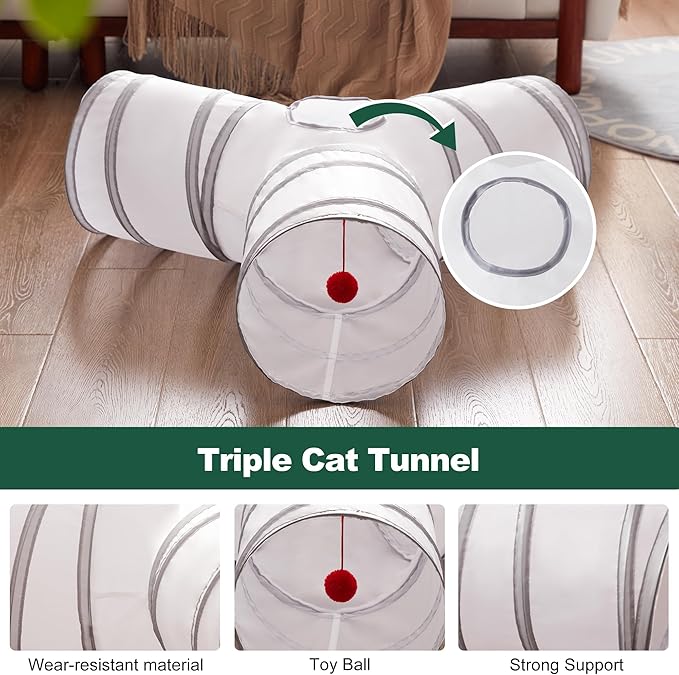 Love's cabin Cat Tunnel Tube Toys 3 Way Collapsible, Cat Tunnels for Indoor Cats,Kitten Tunnel Bored Pet Play Tunnel with Peek Hole Toy Ball for Kitty, Kitten, Rabbit, Light Gray&Gray