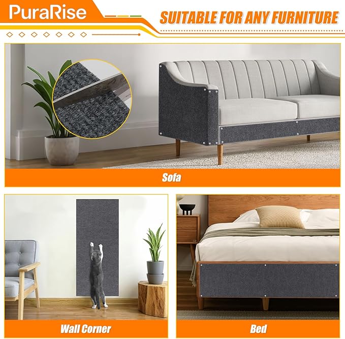 2PCS Cat Scratch Furniture Protector Mat DIY Self-Adhesive,39.3”X 15.8”,Includes Nano Adhesive and Fixing Nails (Gray),for Sofa, Walls, Floors,Cat Tree,Door, Durable & Pet-Friendly