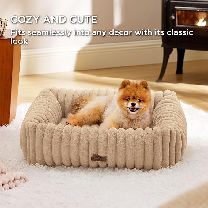 Bedsure Washable Dog Bed for Medium Dogs - Cute Furry Puppy Beds, Rectangle Orthopedic Corduroy Fleece Pet Beds with Removable Zipper Cover, 30x24x8inches, Sandy Tan