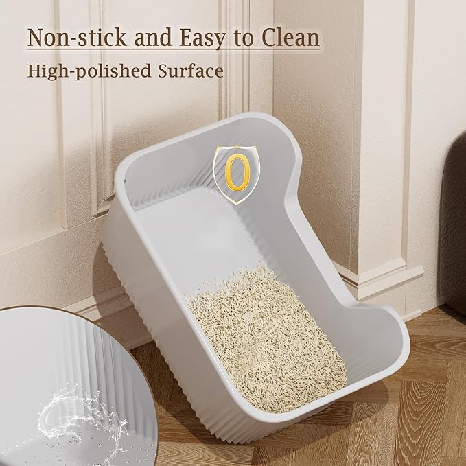 Large Litter Box with High Sides 21.5 * 16.1 * 10.4 inches Big Litter Boxes for Large Cats Easy Clean Open Cat Litter Box, Anti-Splashing&Leak-Proof, Grey
