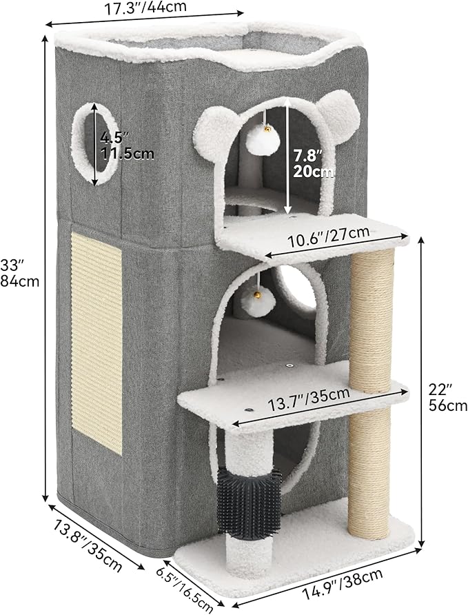 YITAHOME 3-Tier Cat House, Cat Beds for Indoor Cats, Modern Cat Condo with Highway Cave, Scratch & Itching Post, Climbing Stand, Cat Cube Playhouse for Multi Kittens, Grey