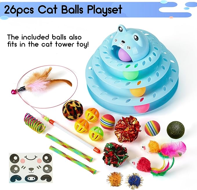 Gefryco 26pcs Cat Toys Roller 4-Level Turntable for Indoor Cats, Self Play Cat Toy Track with Colorful Balls Interactive Kitten Puzzle Toys, Fun Kitty Exercise Toys Set(Blue)
