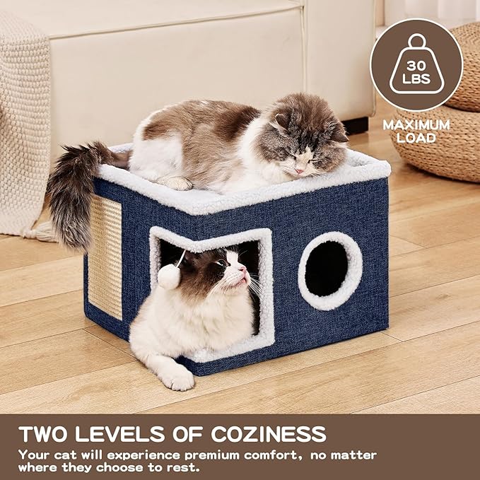 Cat Beds for Indoor Cats Houses, Large Cat Cave with Fluffy Ball and Scratch Pad, Foldable Cat House with Hideaway Tent for Kitten,Grey (SingleAB, Large)